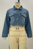 Azul claro moda casual sólido borla retalhos turndown colarinho manga longa jaqueta jeans regular