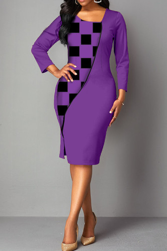 Purple Casual Elegant Print Split Joint Slit Asymmetrical Collar One Step Skirt Dresses