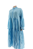 ライトブルー カジュアル ソリッド パッチワーク ターンダウン カラー ケーキ スカート プラス サイズ ドレス (ベルトなし)