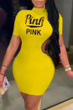 Yellow Fashion Casual Plus Size Letter Print Hollowed Out Turtleneck Short Sleeve Dress