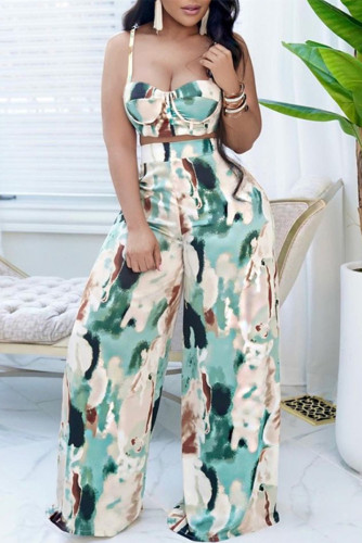 Grass Green Sexy Casual Print Backless Spaghetti Strap Sleeveless Two Pieces