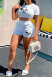 White Fashion Casual Letter Print Bandage Backless O Neck Short Sleeve Two Pieces