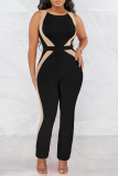 Black Sexy Solid Patchwork O Neck Skinny Jumpsuits