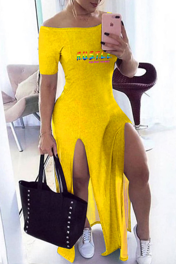 Robes de robe jaune à manches courtes et à imprimé décontracté à la mode