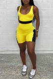 Желтая модная повседневная спортивная одежда, однотонный лоскутный комбинезон с открытой спиной и U-образным вырезом
