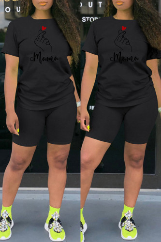 Black Fashion Casual Print Basic O Neck Short Sleeve Two Pieces