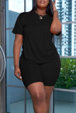 Black Casual Solid Patchwork O Neck Short Sleeve Two Pieces