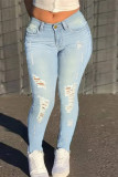 Baby Blue Fashion Casual Solid Ripped High Waist Skinny Denim Jeans