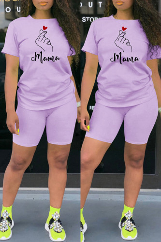 Purple Fashion Casual Print Basic O Neck Short Sleeve Two Pieces