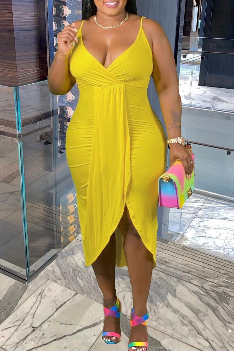 

Yellow Sexy Solid Split Joint Asymmetrical Spaghetti Strap Irregular Dress Dresses