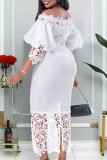 Witte mode casual effen patchwork uit de schouder lange jurk jurken