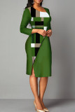 Vestidos de saia de um passo com estampa de retalhos verde casual elegante fenda gola assimétrica