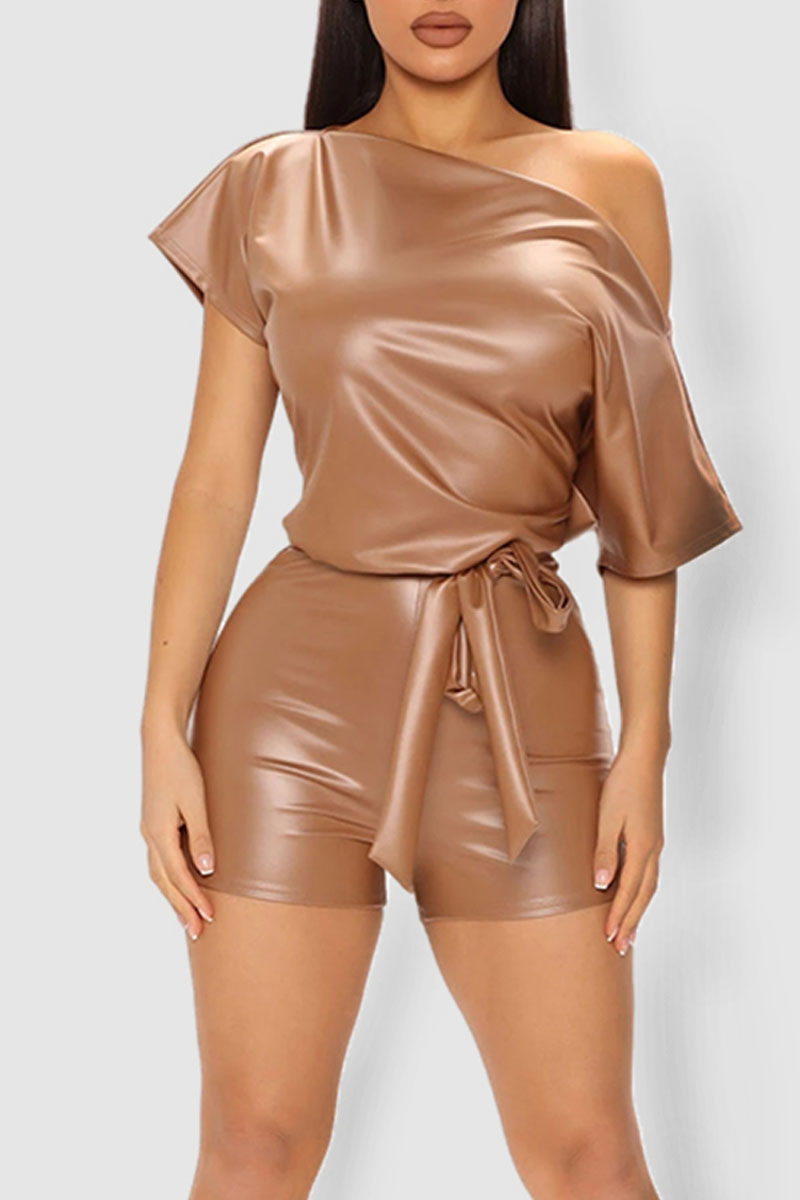 

Light Brown Fashion Casual Solid Split Joint Oblique Collar Regular Jumpsuits