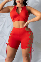 Red Sexy Solid Bandage Hollowed Out Patchwork Zipper Collar Sleeveless Two Pieces
