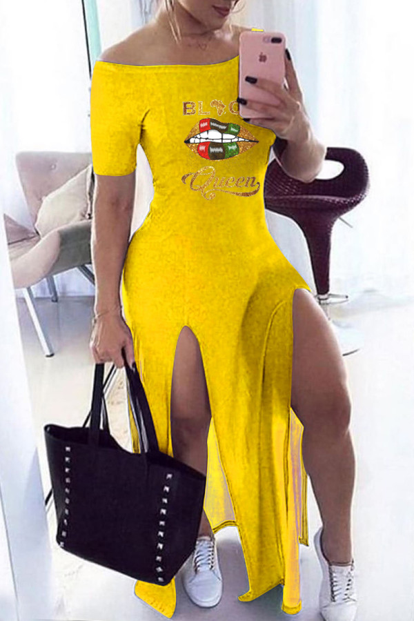 Vestido de manga corta con abertura en el hombro y estampado casual de moda amarillo dorado Vestidos