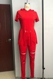 Red Fashion Casual Solid Quaste Ripped Hooded Collar Plus Size Two Pieces