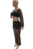 Black Sexy Solid Bandage Hollowed Out Patchwork V Neck Long Sleeve Two Pieces