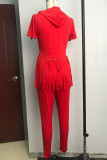 Colletto con cappuccio strappato con nappa solida casual alla moda rossa Plus Size due pezzi