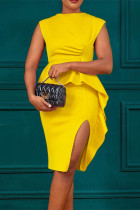 Желтые модные повседневные однотонные лоскутные платья без рукавов с разрезом и круглым вырезом