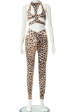 White Sexy Animal Print Hollowed Out Halter Sleeveless Two Pieces