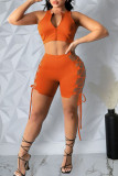 Tangerine Sexy Solid Bandage Hollowed Out Patchwork Zipper Collar Sleeveless Two Pieces