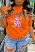 Magliette arancioni alla moda casual con stampa di cartoni animati o scollo a O