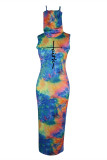 Blå Lila Mode Casual Print Tie-dye Turtleneck ärmlösa klänningar