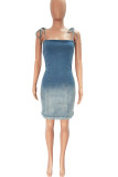 Light Blue Sexy Gradual Change Bandage Patchwork Spaghetti Strap Sleeveless Regular Denim Dresses