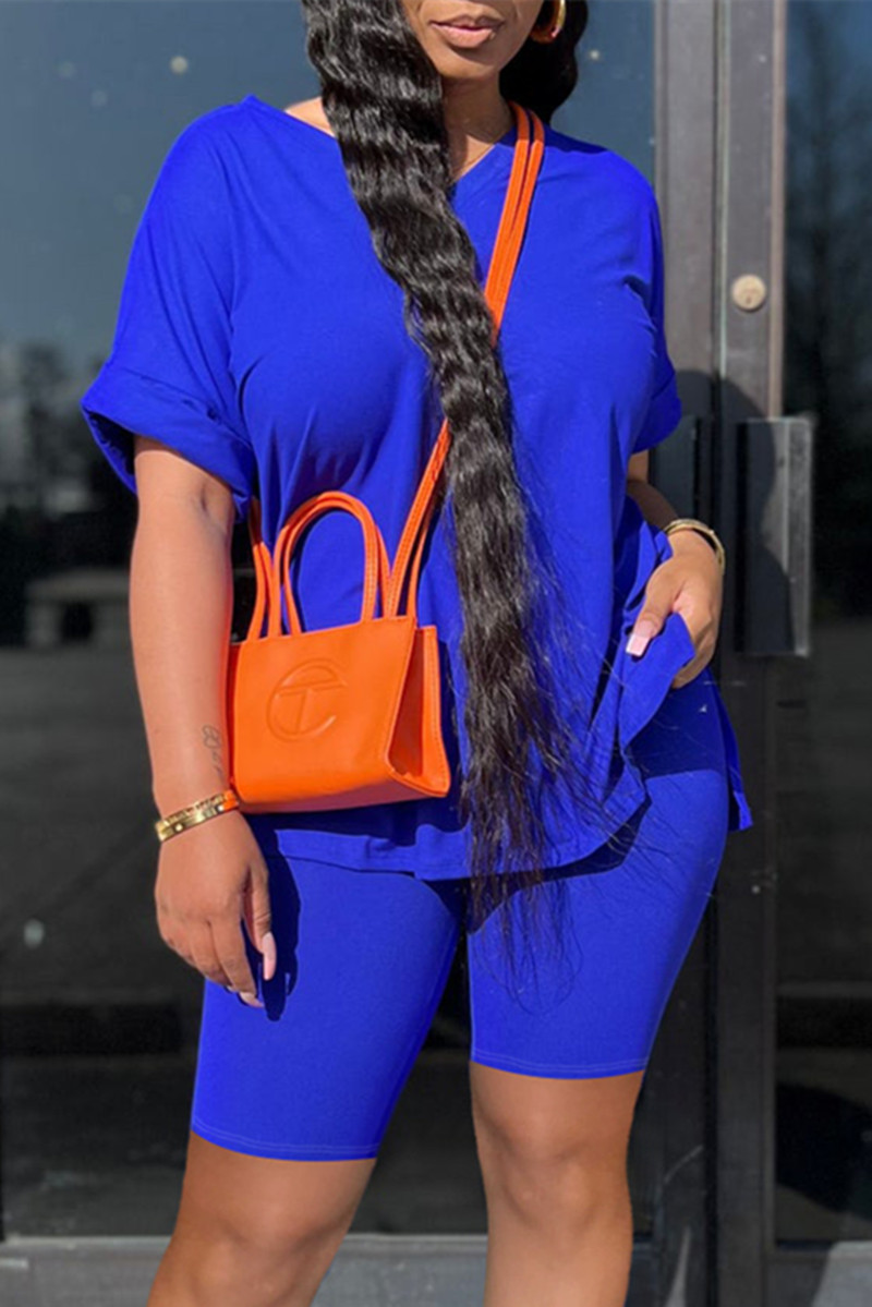 

Blue Fashion Casual Solid Slit V Neck Short Sleeve Two Pieces