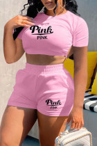ピンクファッションカジュアルレタープリント包帯バックレスOネック半袖ツーピース