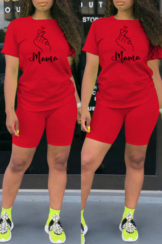 Red Fashion Casual Print Basic O Neck Short Sleeve Two Pieces