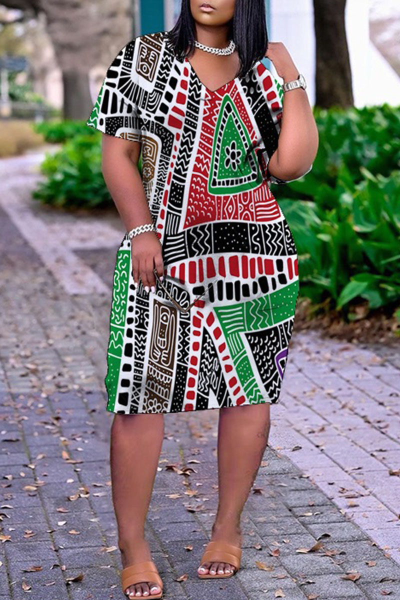 

Black Green Casual Print Split Joint V Neck Straight Dresses
