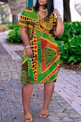 Green Casual Print Patchwork V Neck Straight Dresses