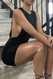 Zwarte mode Sexy effen uitgeholde patchwork O-hals mouwloze jurk Jurken