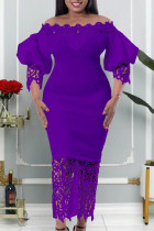 Paarse mode casual effen patchwork off-shoulder lange jurk jurken