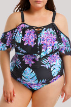 Multicolor Fashion Sexy Print Patchwork Backless Spaghetti Strap Plus Size Swimwear (With Paddings)