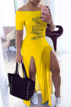 Gelb Mode Casual Print Schlitz Schulterfrei Kurzarm Kleid Kleider