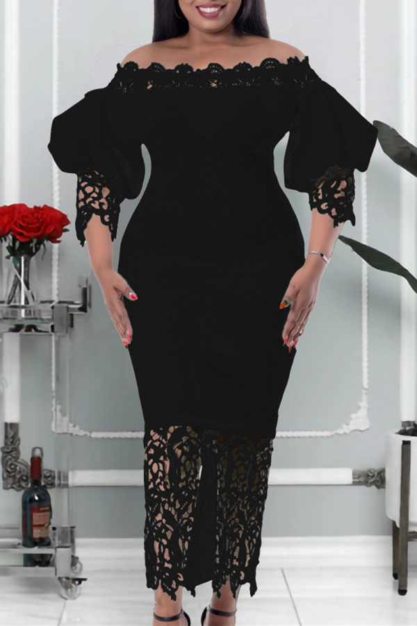 Zwarte mode casual effen patchwork off-shoulder lange jurk jurken