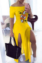 黄色のファッションカジュアルプリントは、肩の半袖ドレスドレスを切り落としました