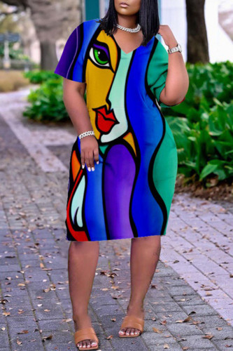 Blue Casual Print Patchwork V Neck Straight Dresses