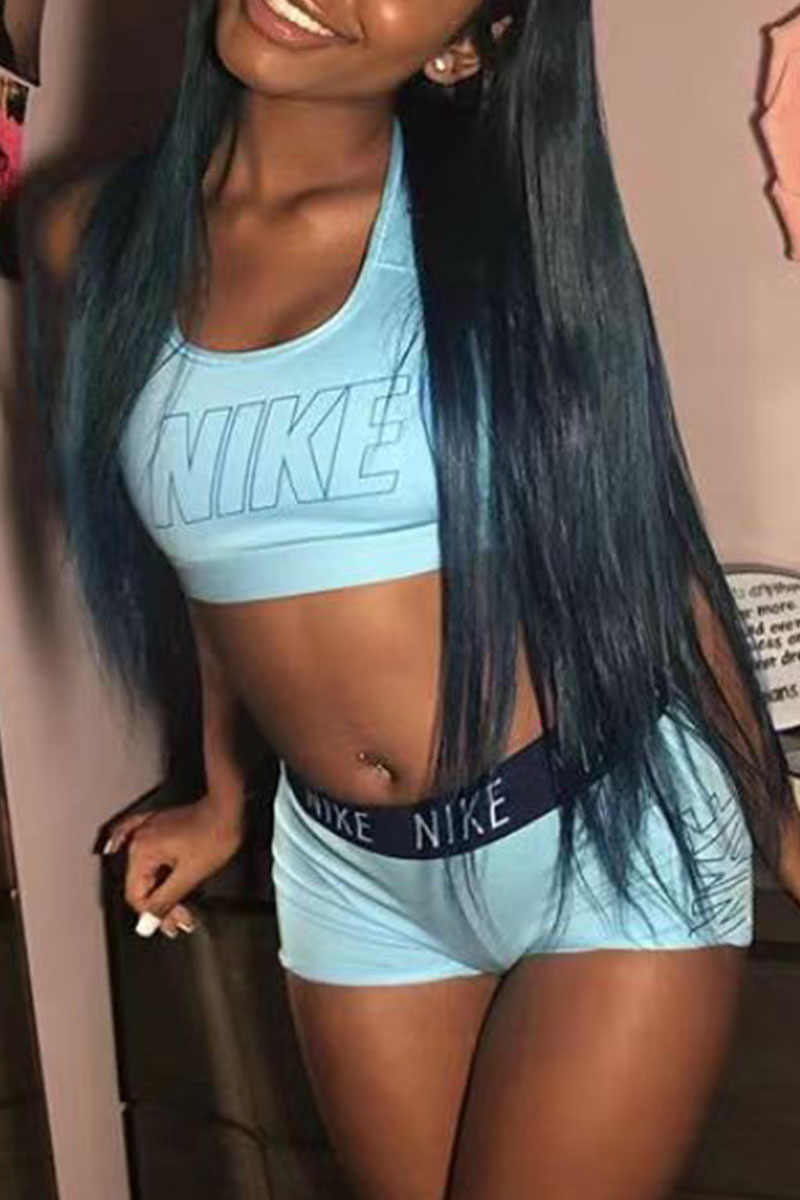 

Sky Blue Fashion Casual Print Letter U Neck Sleeveless Two Pieces