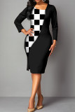Vestidos de falda de un paso de cuello asimétrico con abertura de retazos de estampado elegante casual negro