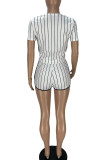White Sexy Striped Print Patchwork Buckle V Neck Short Sleeve Two Pieces