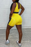 Желтая модная повседневная спортивная одежда, однотонный лоскутный комбинезон с открытой спиной и U-образным вырезом