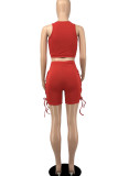 Red Sexy Solid Bandage Hollowed Out Patchwork Zipper Collar Sleeveless Two Pieces