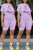 Фиолетовый модный повседневный принт с круглым вырезом и коротким рукавом из двух частей