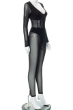 Black Sexy Solid Mesh V Neck Long Sleeve Two Pieces