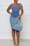 Light Blue Sexy Gradual Change Bandage Patchwork Spaghetti Strap Sleeveless Regular Denim Dresses