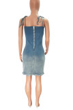 Light Blue Sexy Gradual Change Bandage Patchwork Spaghetti Strap Sleeveless Regular Denim Dresses