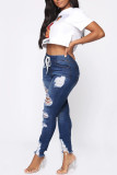 Light Blue Fashion Casual Solid Ripped High Waist Skinny Denim Jeans